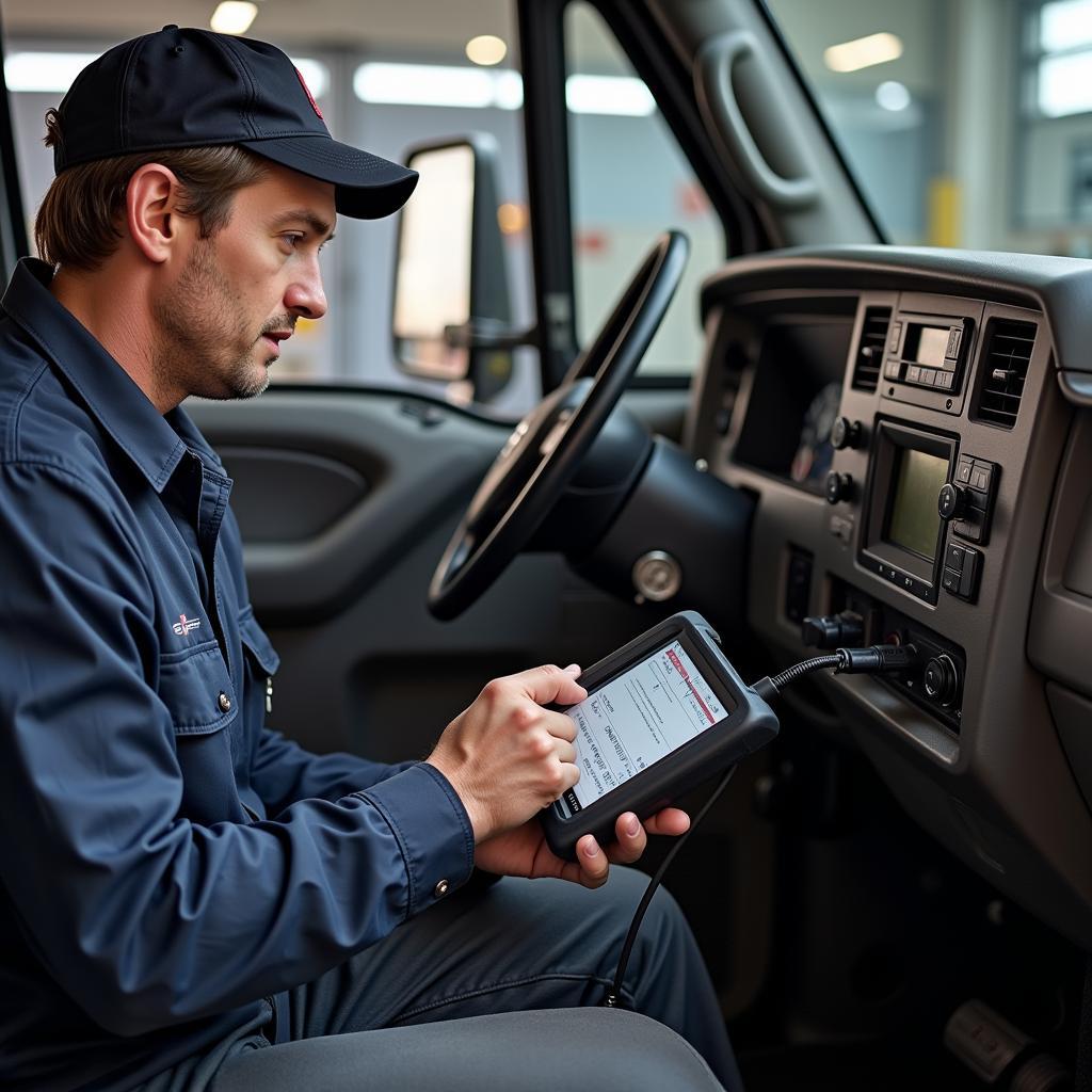 Mechanic Using a 7.3 Powerstroke Diagnostic Tool