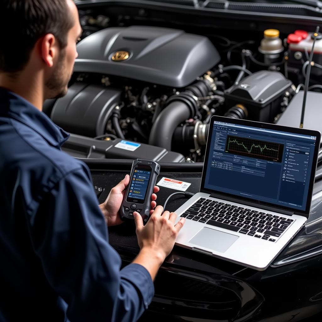 Mechanic using mobile diagnostic tool for advanced diagnostics