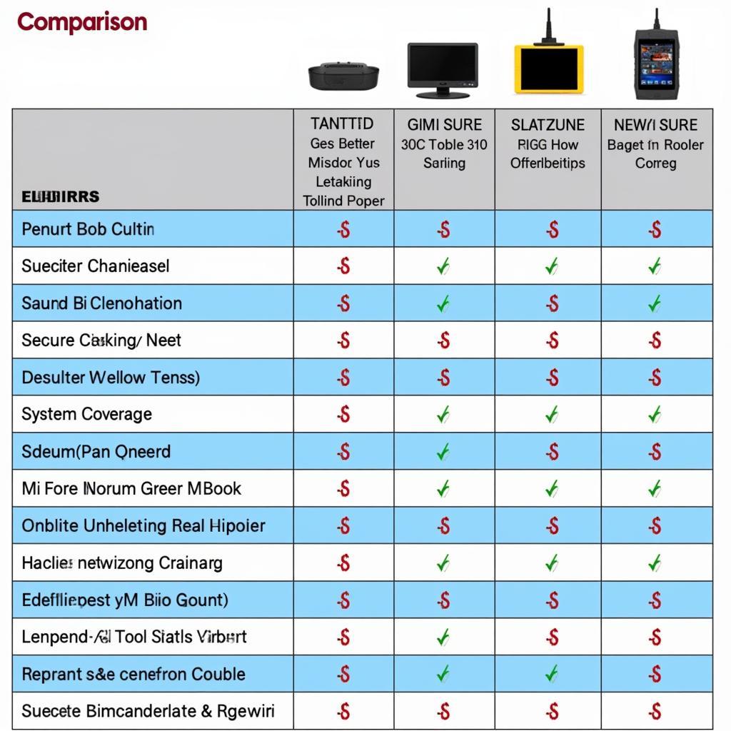 A table comparing different vehicle scan tool models