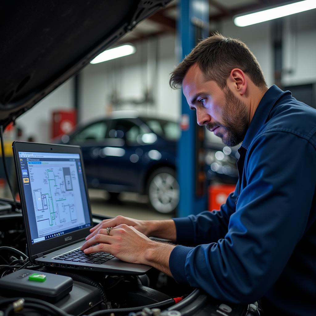 Automotive Technician Using Diagnostic Software