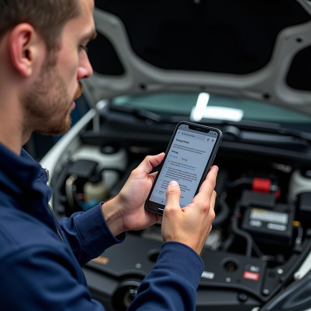 Automotive Technician Using Bing for Diagnostics