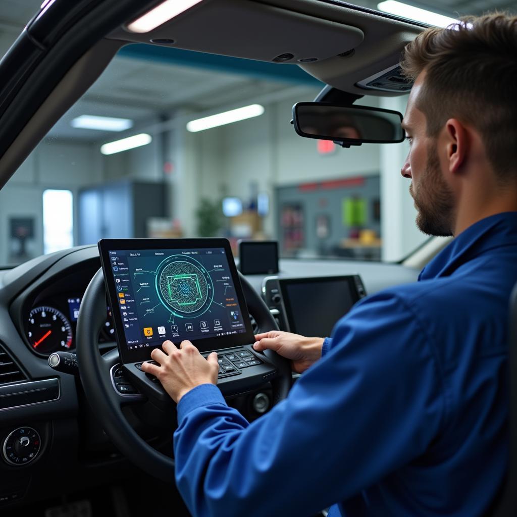 Automotive Technician Using a Biometric Scanner