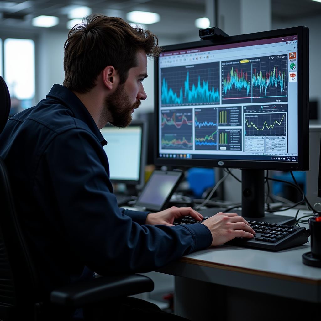 Automotive Technician Analyzing Data on Diagnostic Software