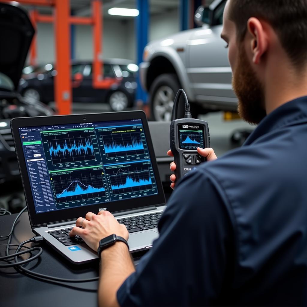 Automotive Technician Using Diagnostic Software