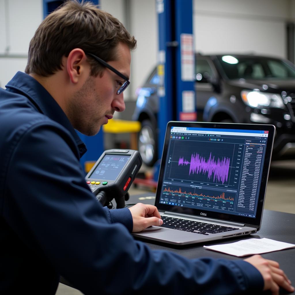 Technician Analyzing Vehicle Data on Laptop