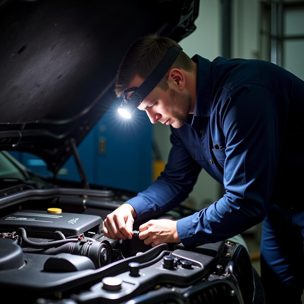 mechanic inspecting bmw e83 engine bay