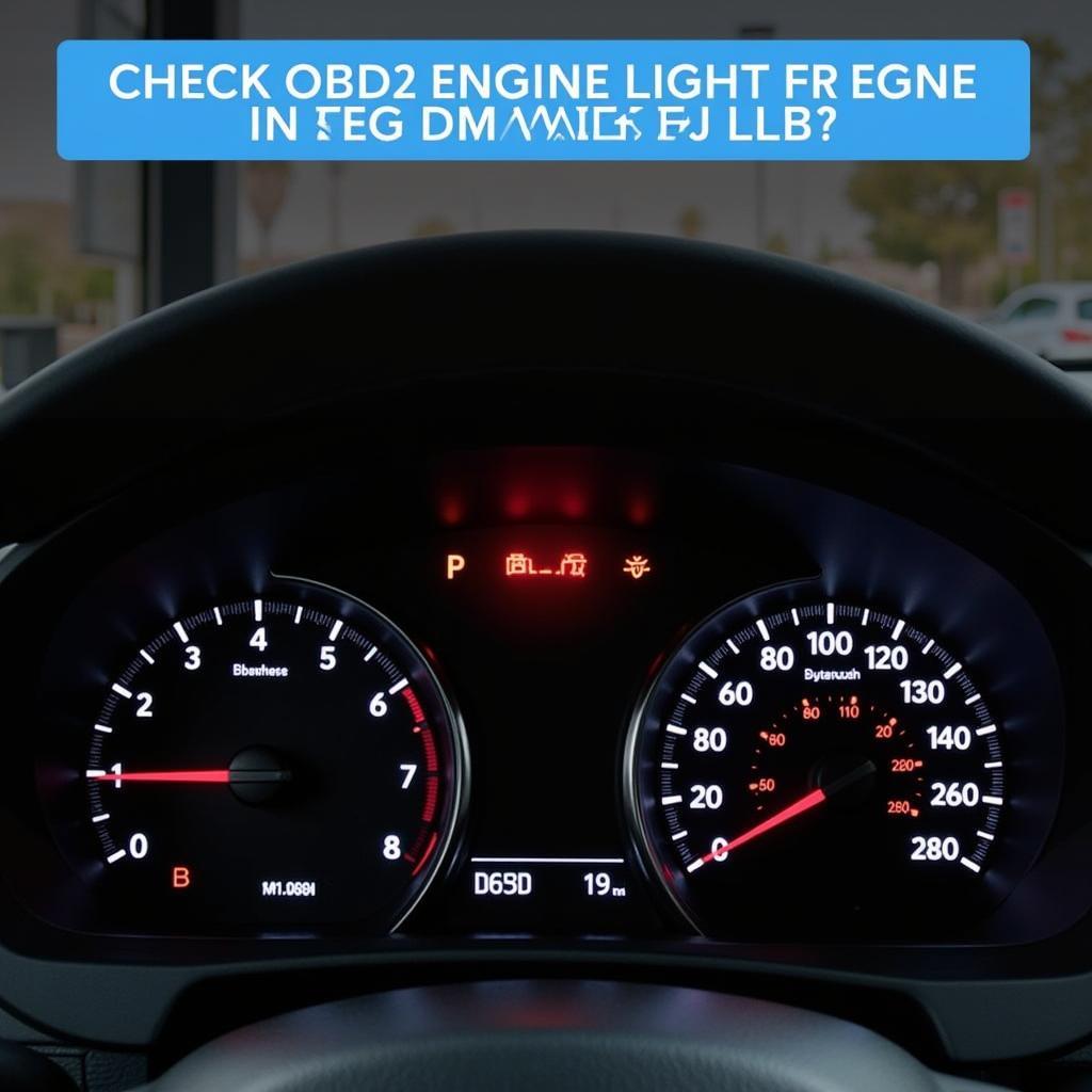 Car dashboard with check engine light on