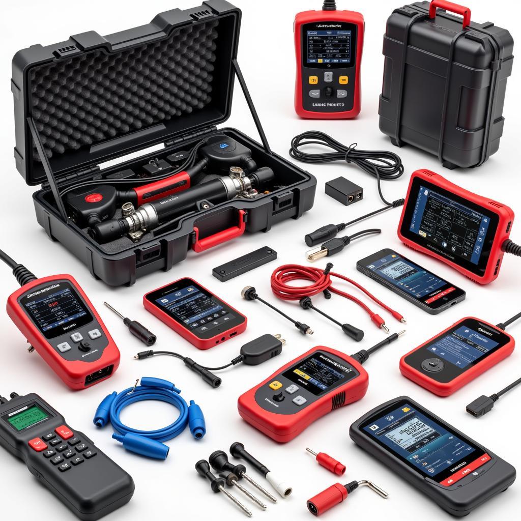 An array of automotive diagnostic tools and equipment.