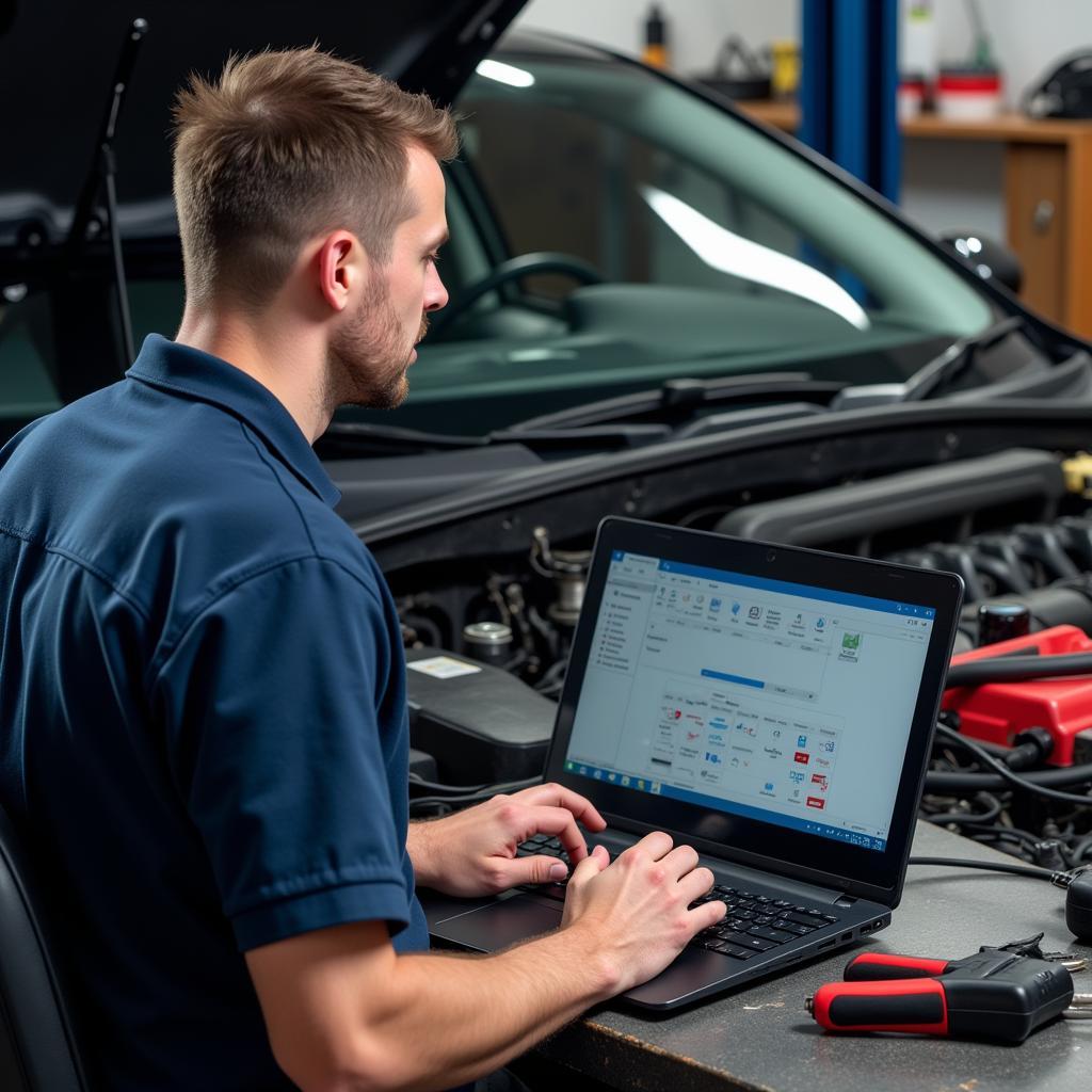 Car owner repairing car with help of laptop and diagnostic software