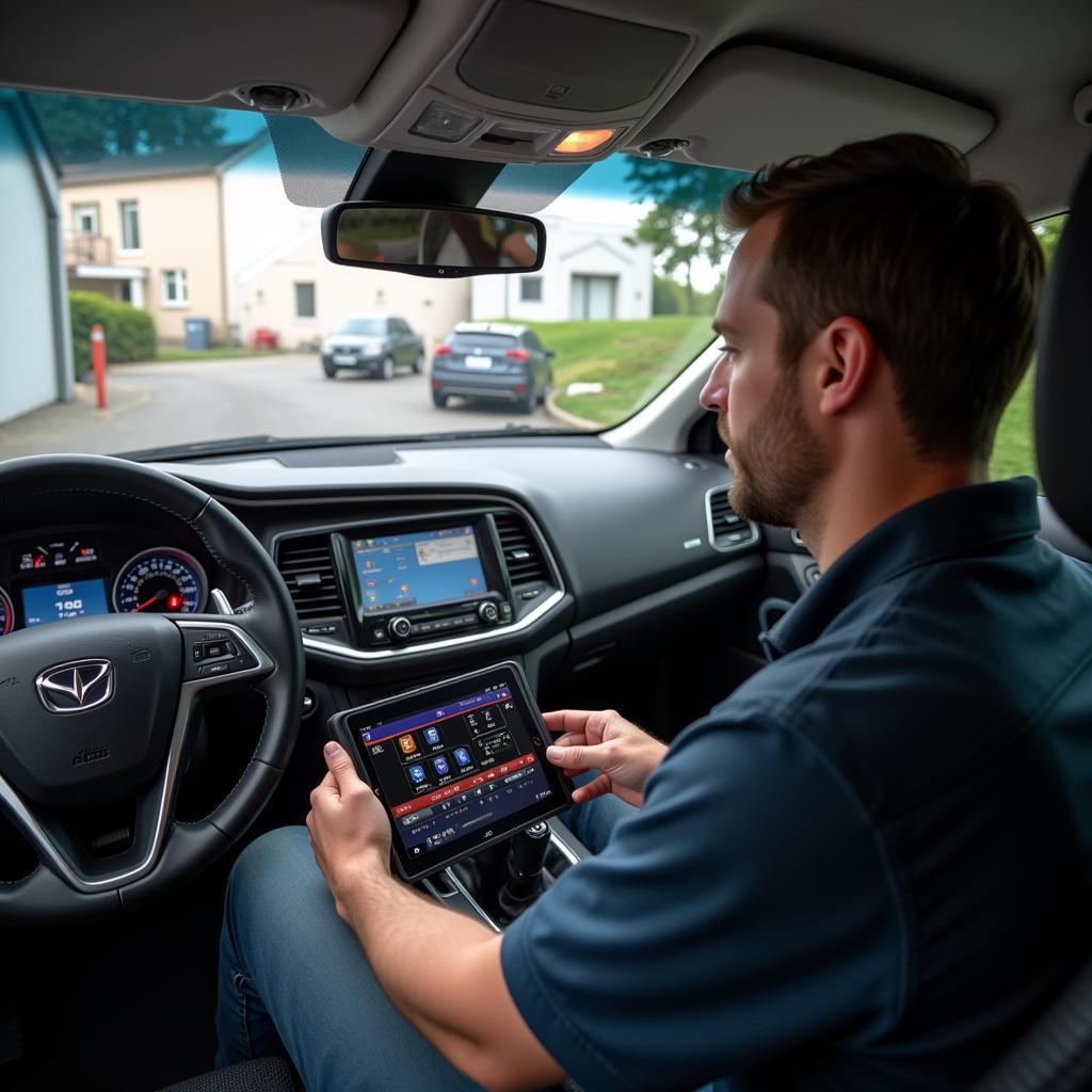 Car Owner Using Foxwell NT520 Pro in Garage