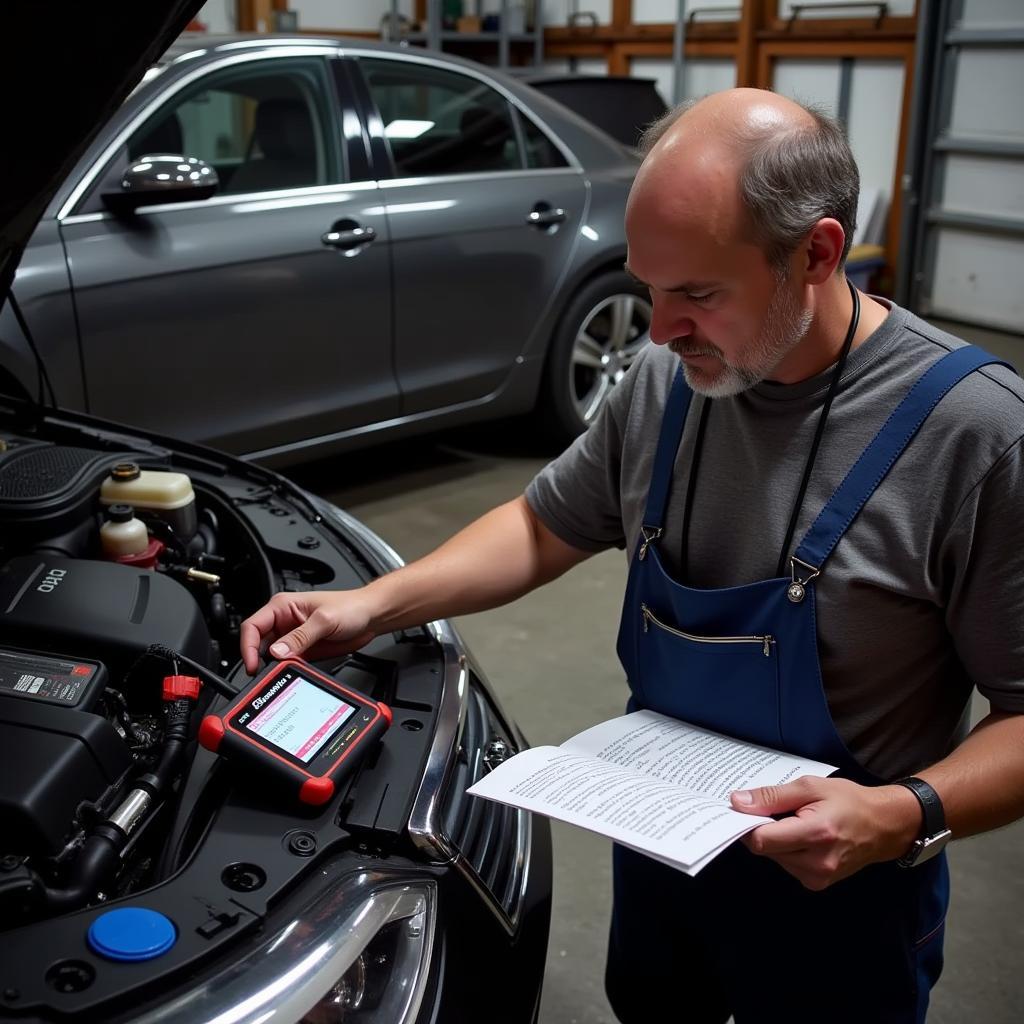 Car Owner Using Foxwell NT614 in Garage