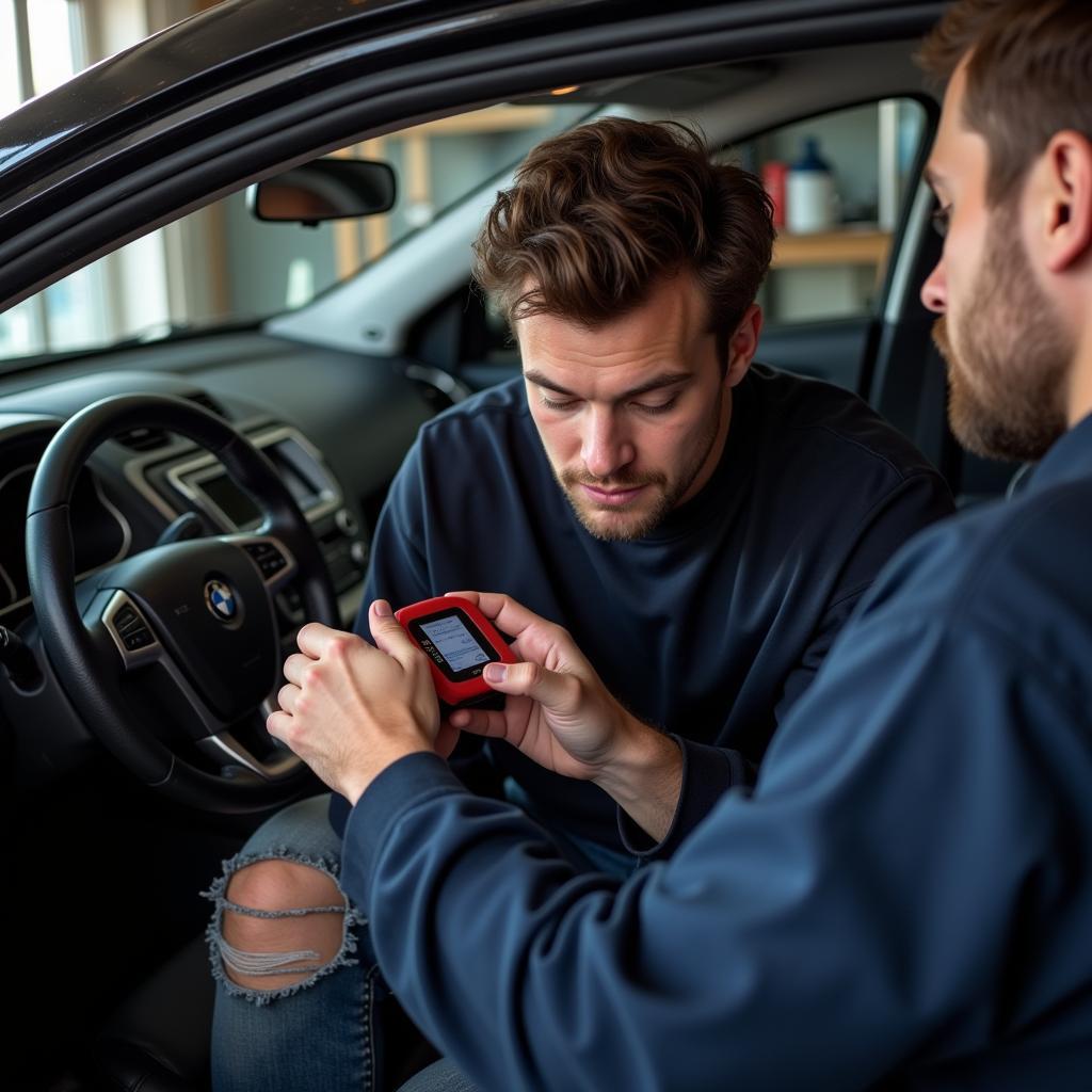 Car Owner Using Mini Car Scanner