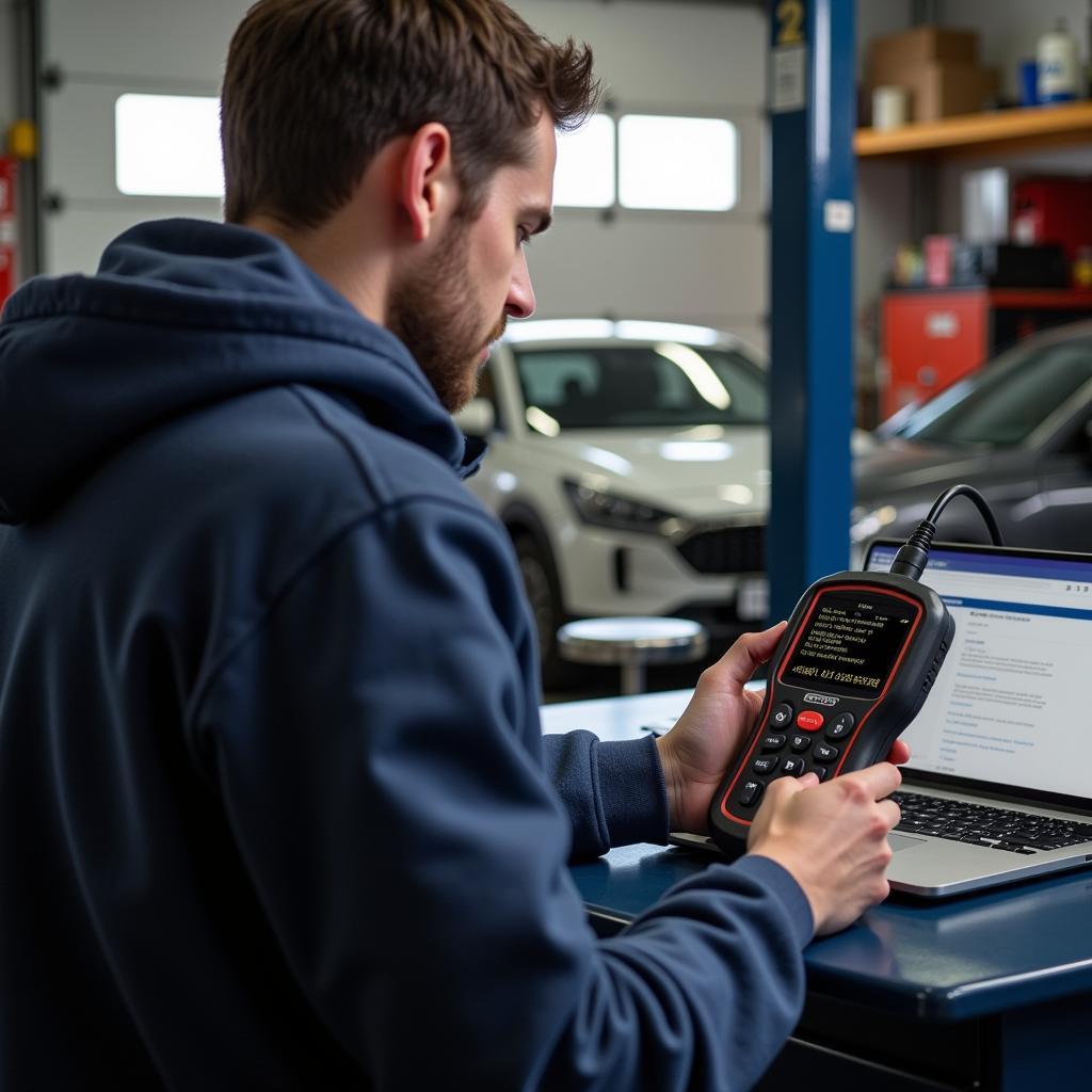 Car Owner Using Wireless Diagnostic Tool at Home