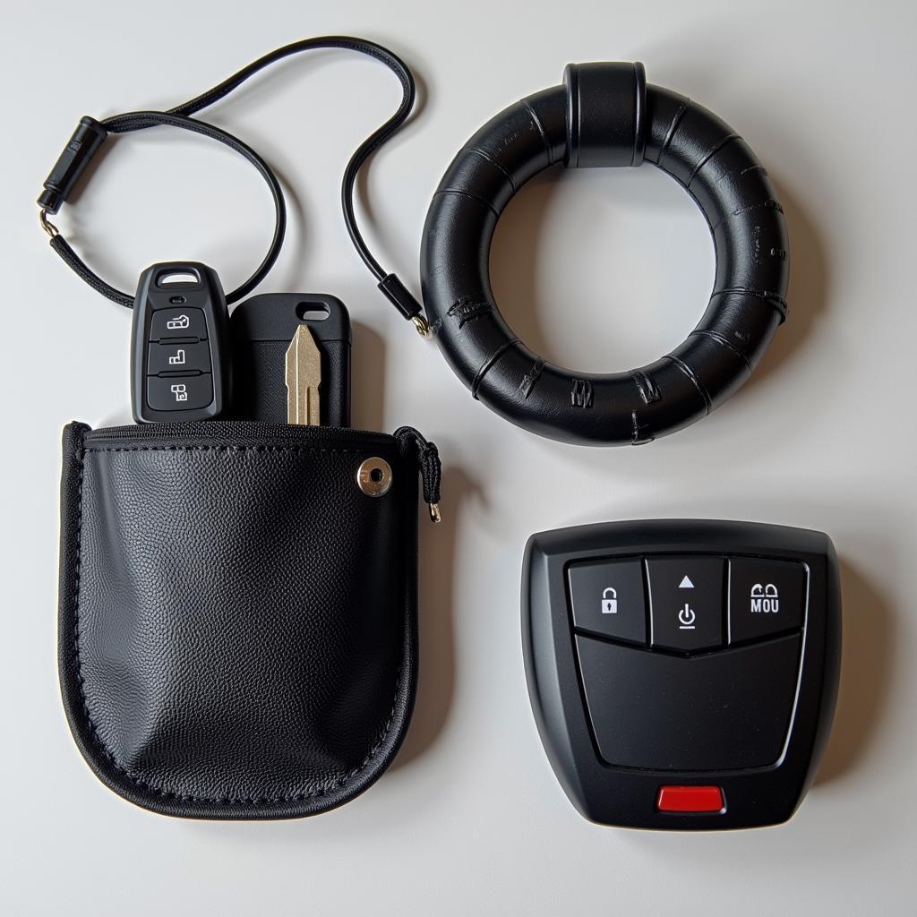 Assortment of car security devices like Faraday pouches, steering wheel lock, and alarm system