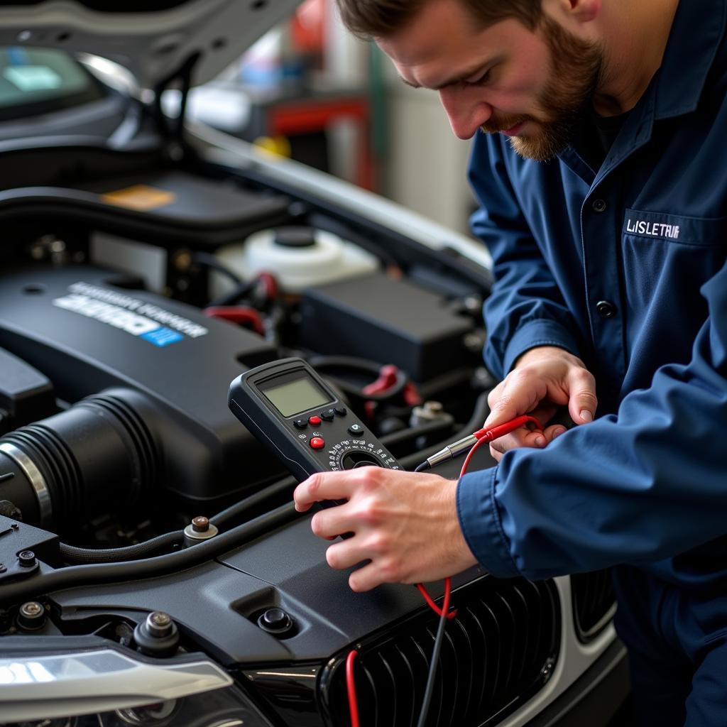 Technician using a multimeter to check the battery voltage of a BMW