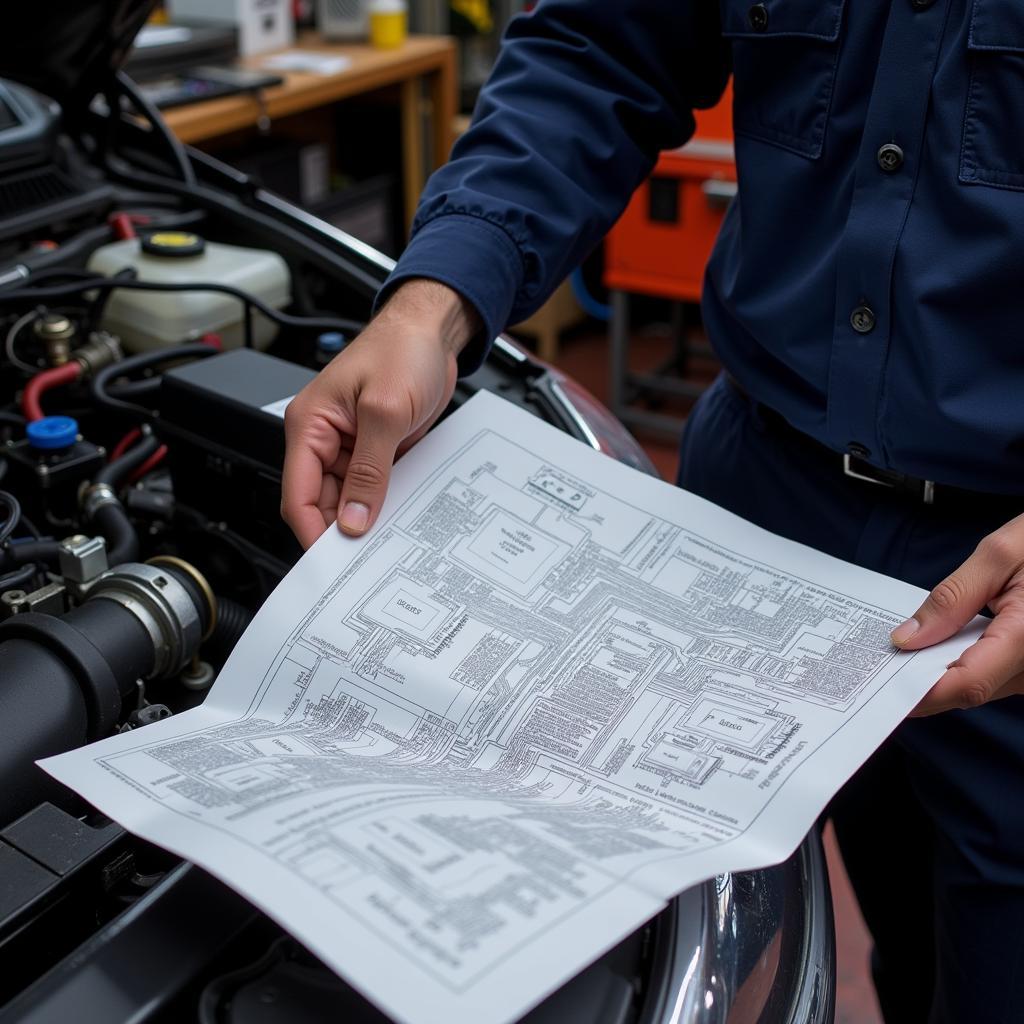 Technician Consulting Wiring Diagram During Auto Electrical Diagnosis