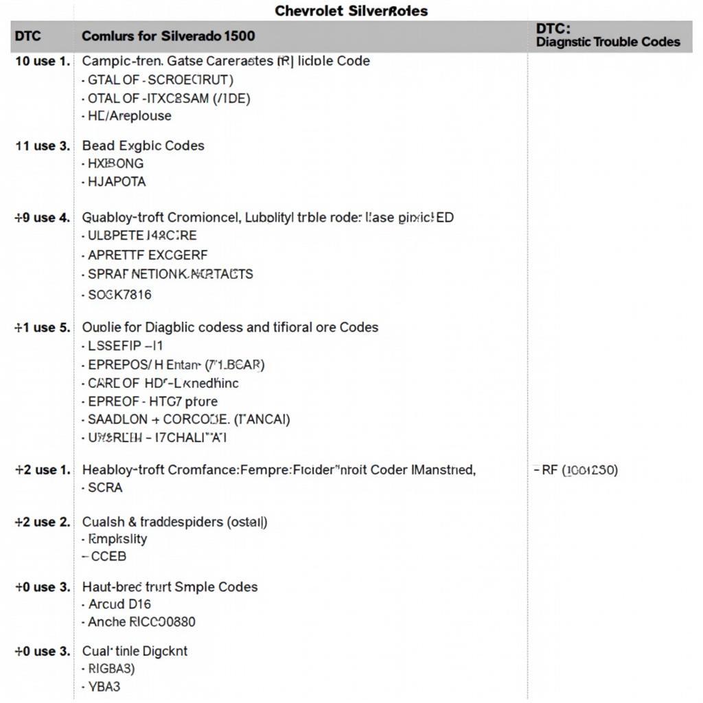 List of Common DTCs for Chevrolet Silverado 1500