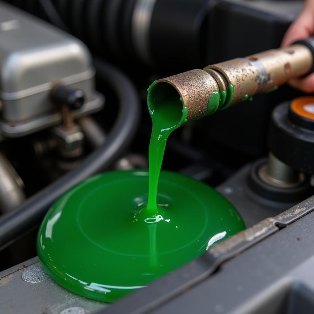 Close-Up of Coolant Leak in Car Engine