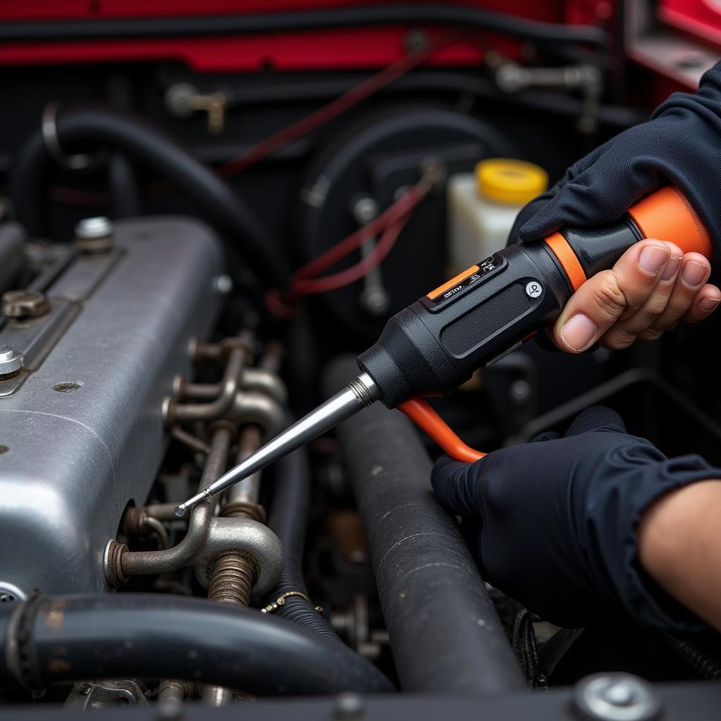 Close-up of Mechanic's Hands Using Super Ear Probe