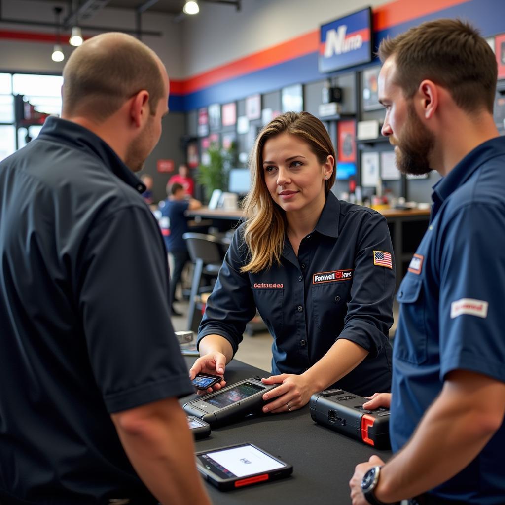 Customer Consulting with Staff at Auto Store