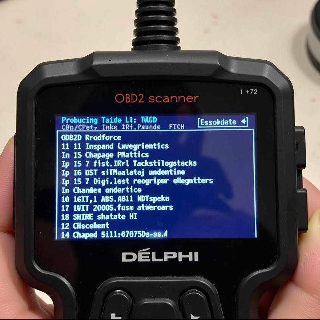 Delphi OBD2 scanner displaying DTCs on its screen