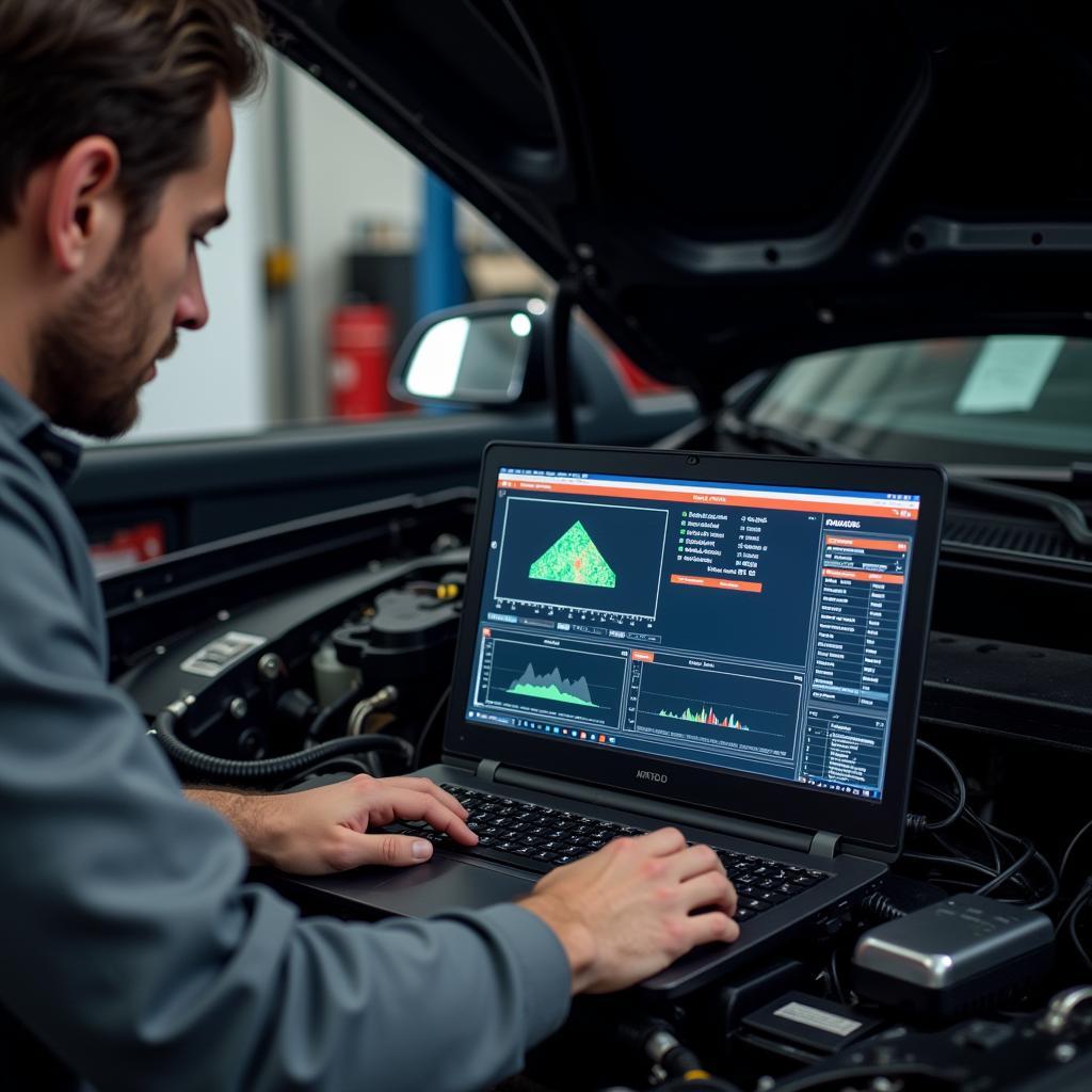 Mechanic using diagnostic software on a laptop