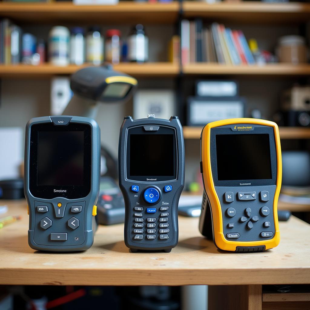 Various models of Nigel Foxwell diagnostic scanners on a workbench