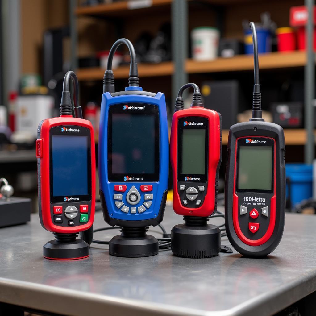 Different Sidchrome scan tool models displayed on a workbench