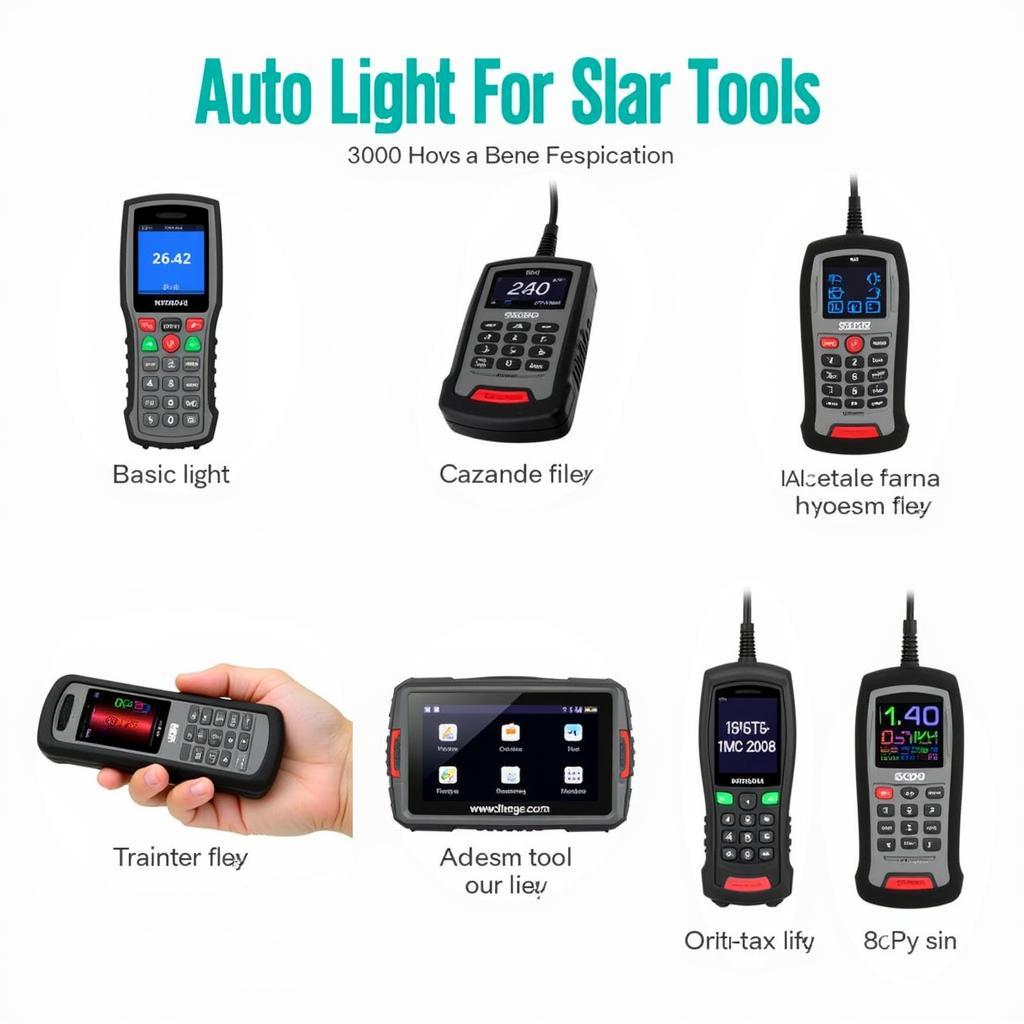 A variety of auto light scan tools displayed on a workbench.