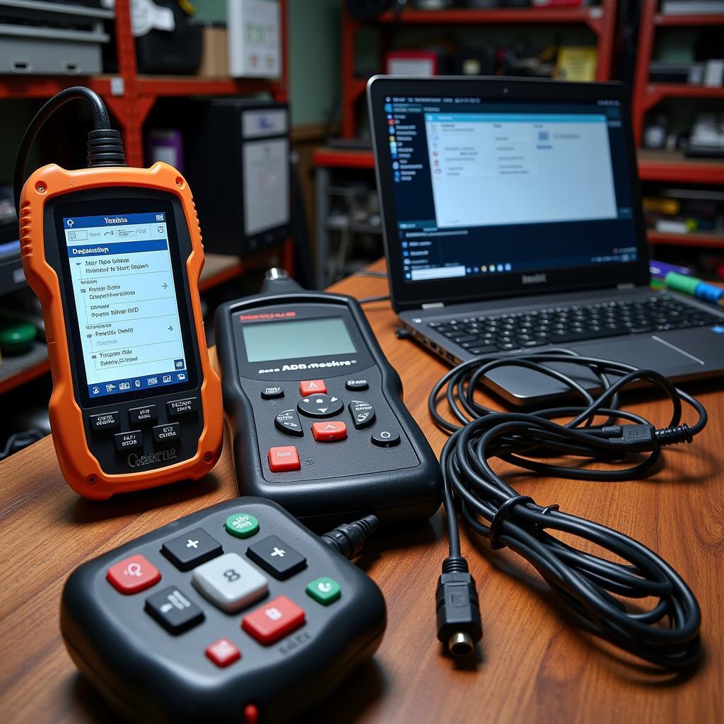 Variety of automotive diagnostic tools displayed on a workbench