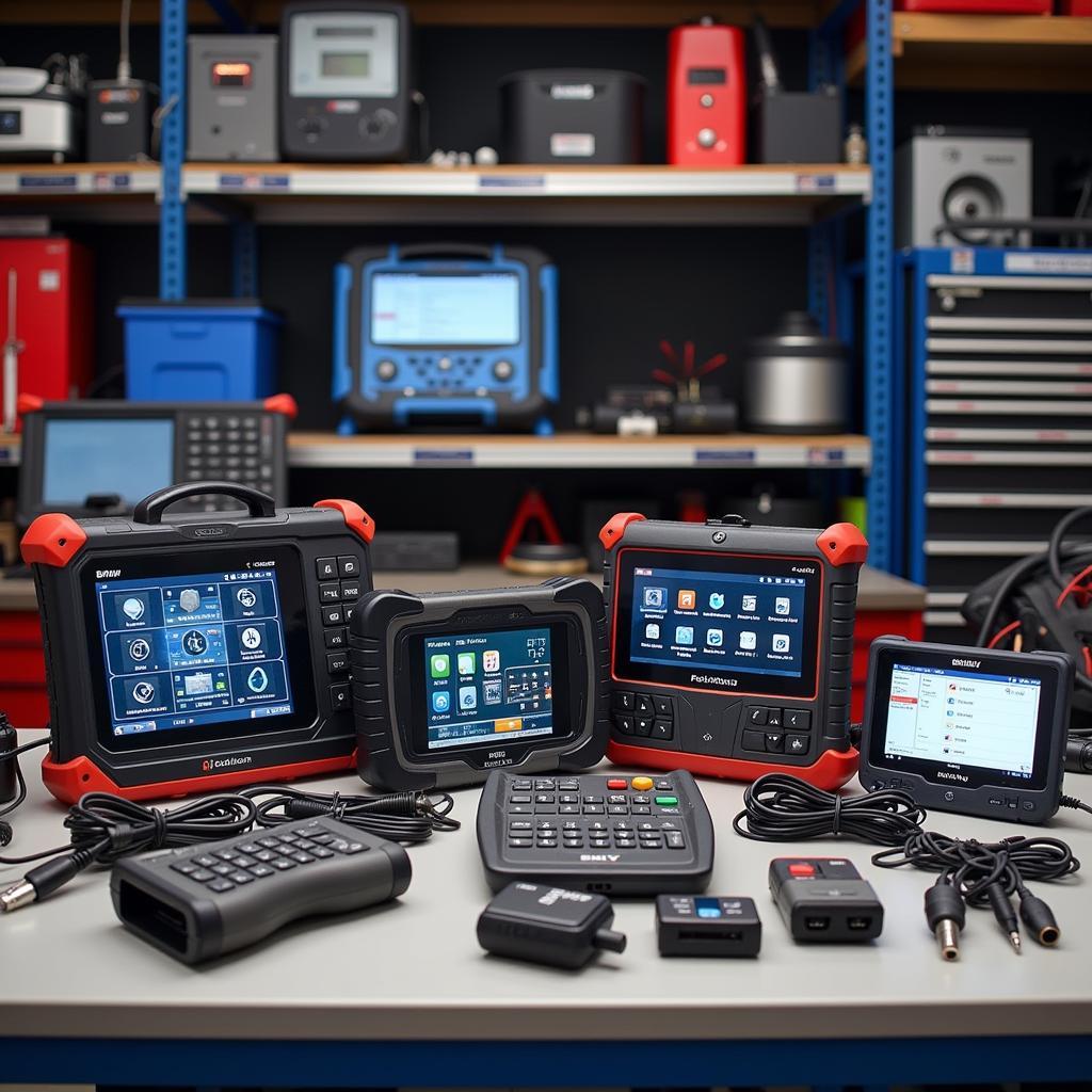 A variety of BMW diagnostic tools laid out on a workbench