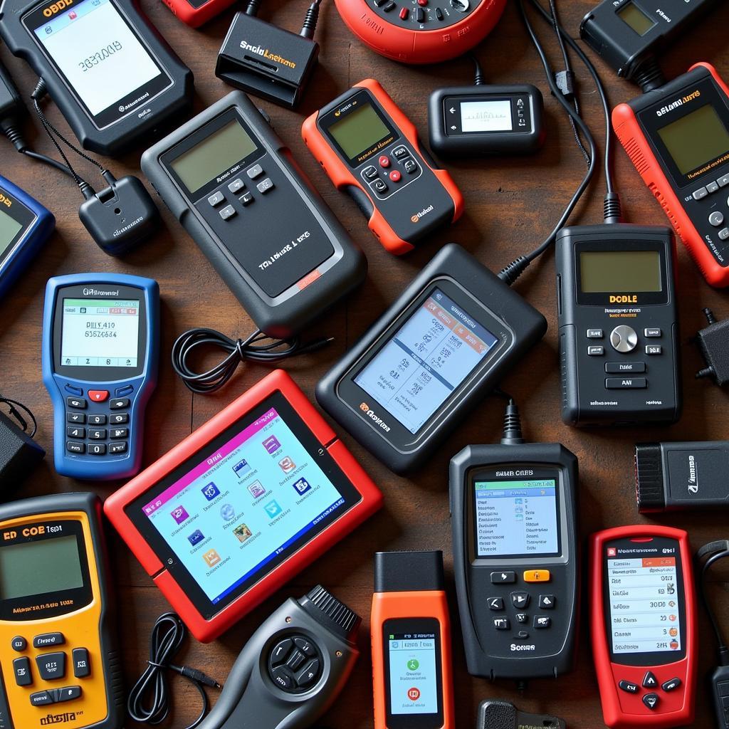 Various car diagnostic tools on a workbench