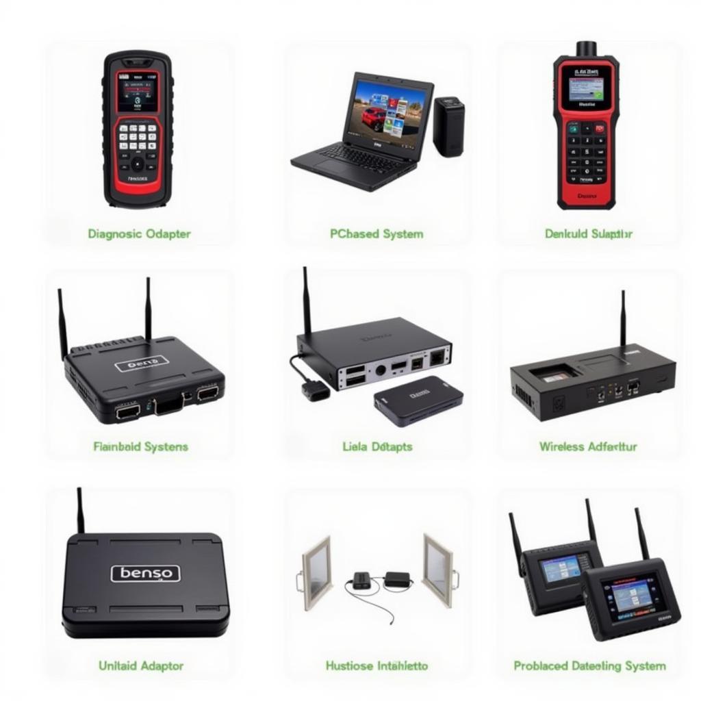 A variety of Denso diagnostic tools laid out on a workbench