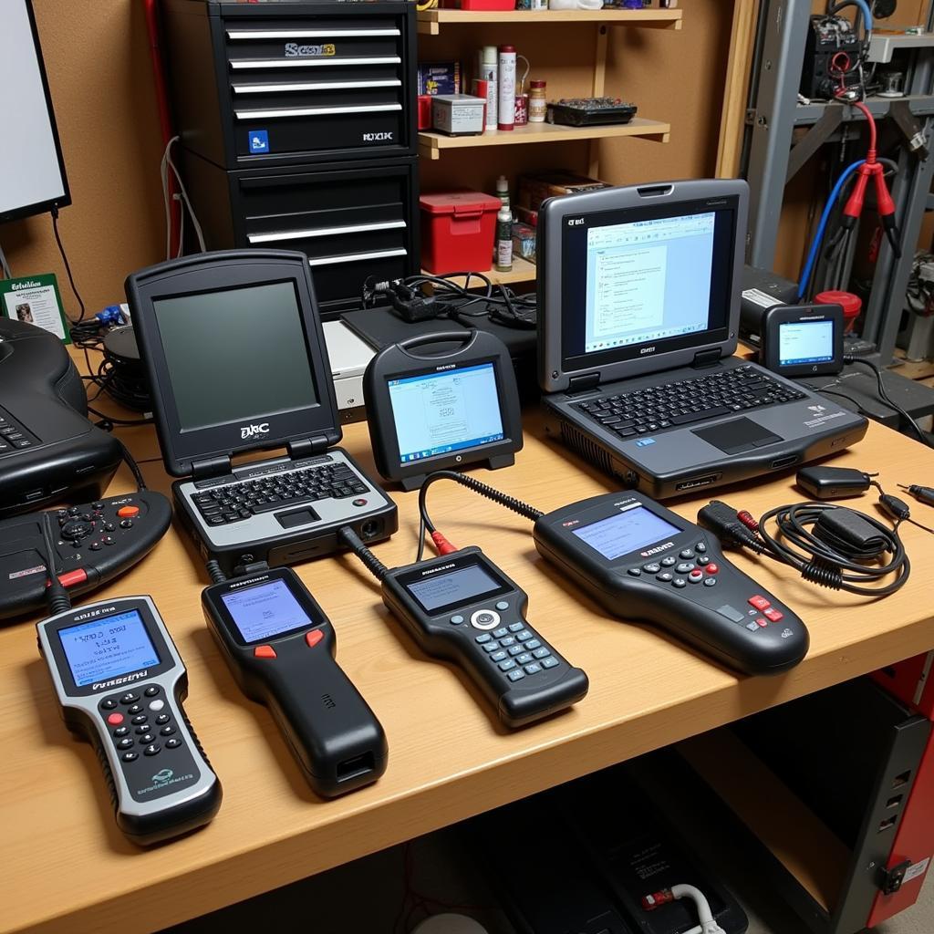 Various scalp diagnostic tools on a workbench, showcasing different models and brands.