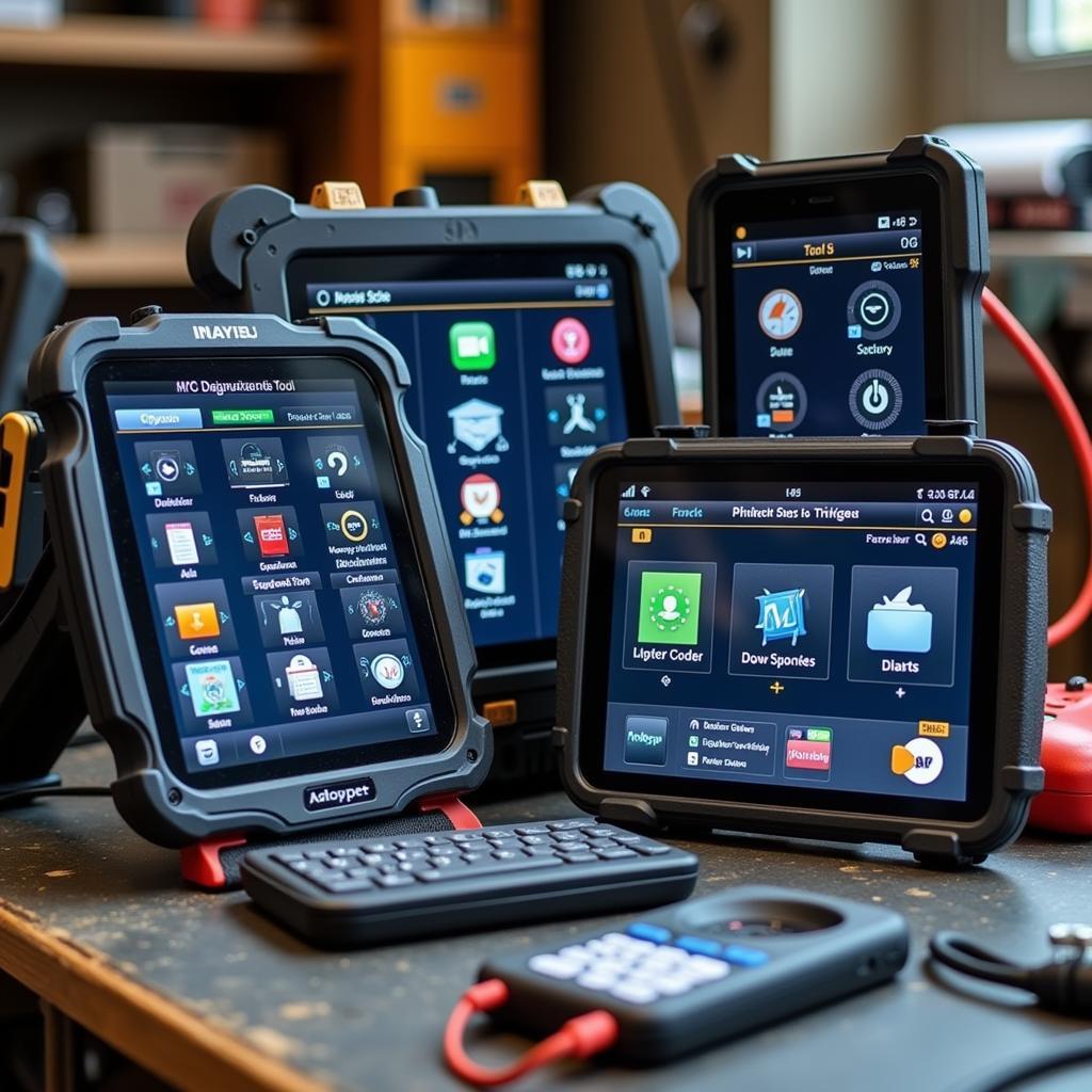 Various tablet diagnostic tools on a workbench