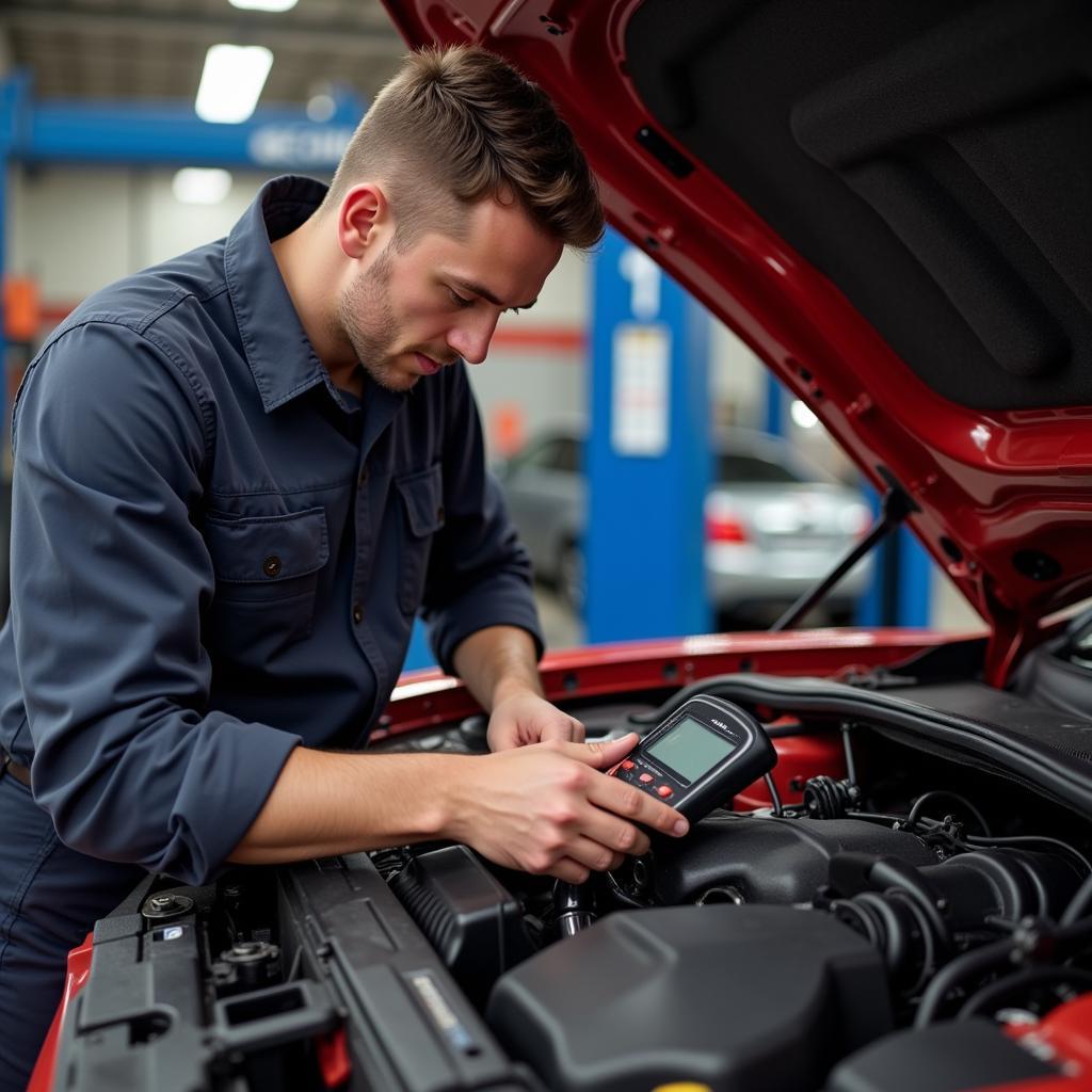 A mechanic working on a Ford car's engine using diagnostic tools