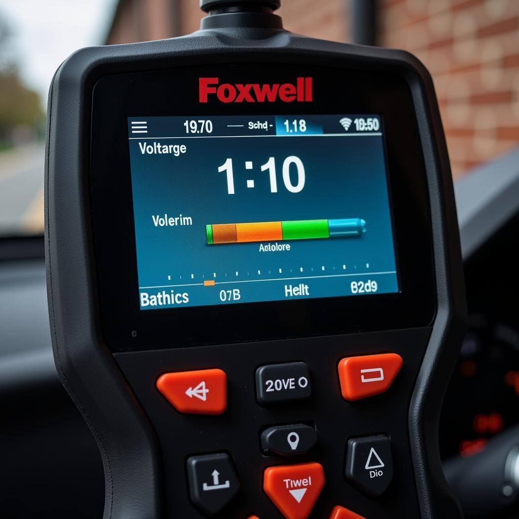 Foxwell scanner displaying battery voltage on its screen