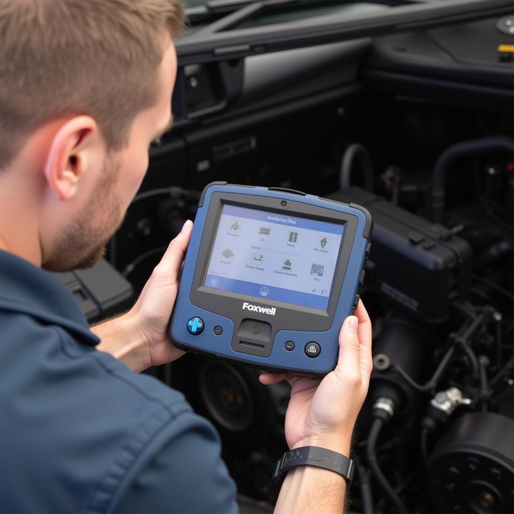 Mechanic Holding a Foxwell NT520 Pro Scanner