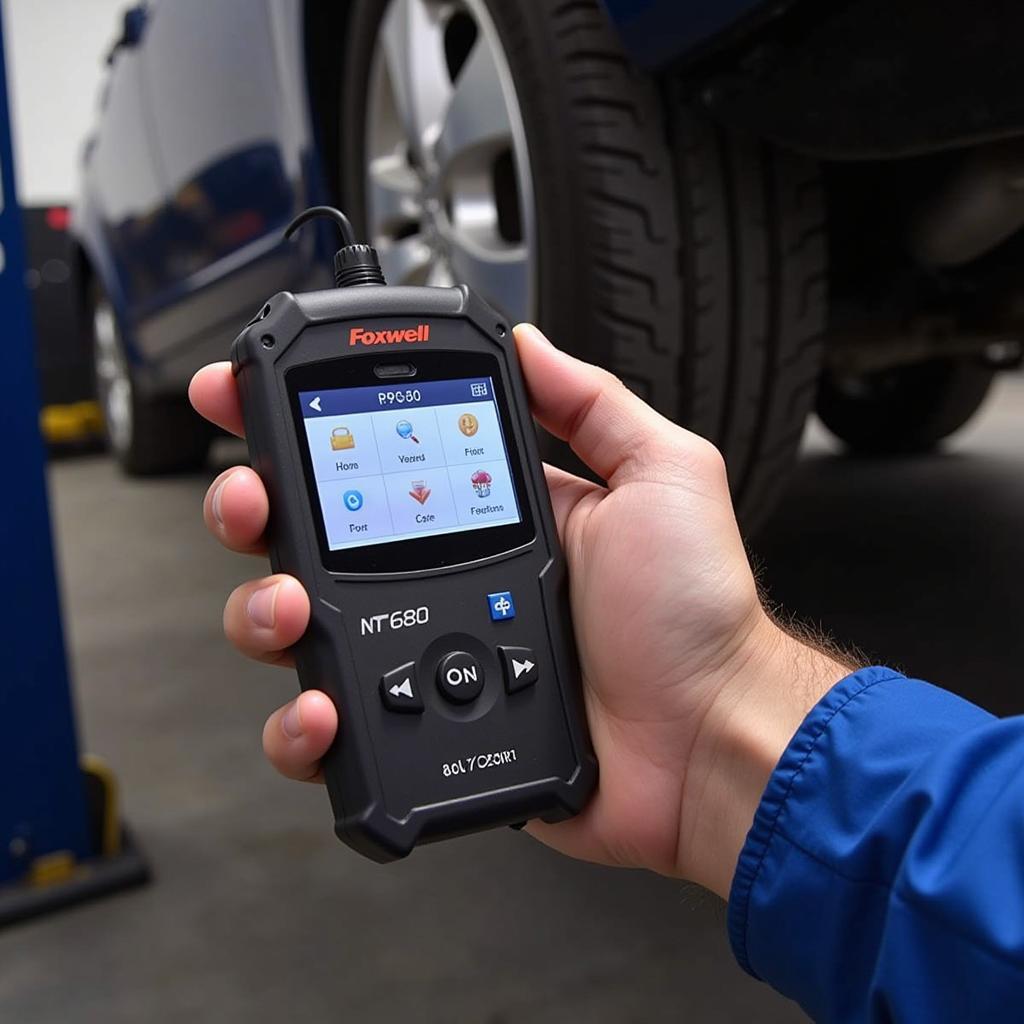 Mechanic Holding a Foxwell NT680 Pro