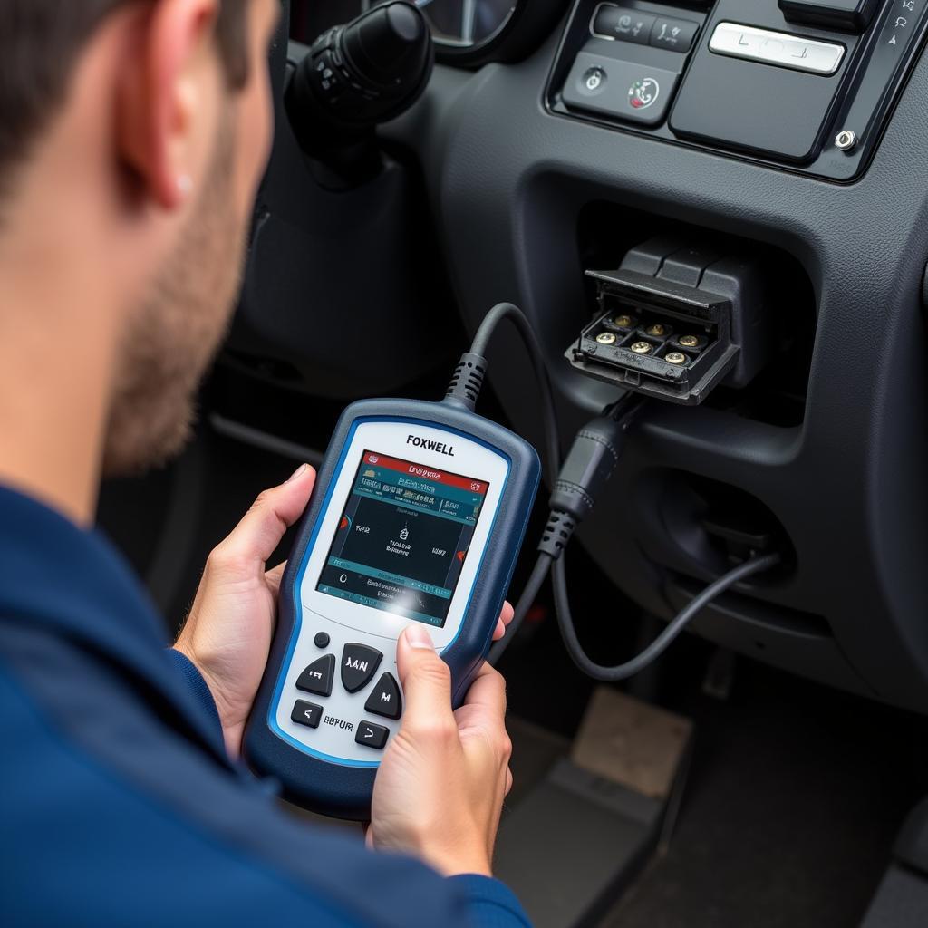 Mechanic Using a Foxwell Scanner on a Vehicle