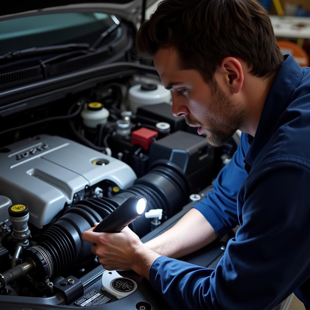 Mechanic Inspecting Gen 2 Prius Engine Bay