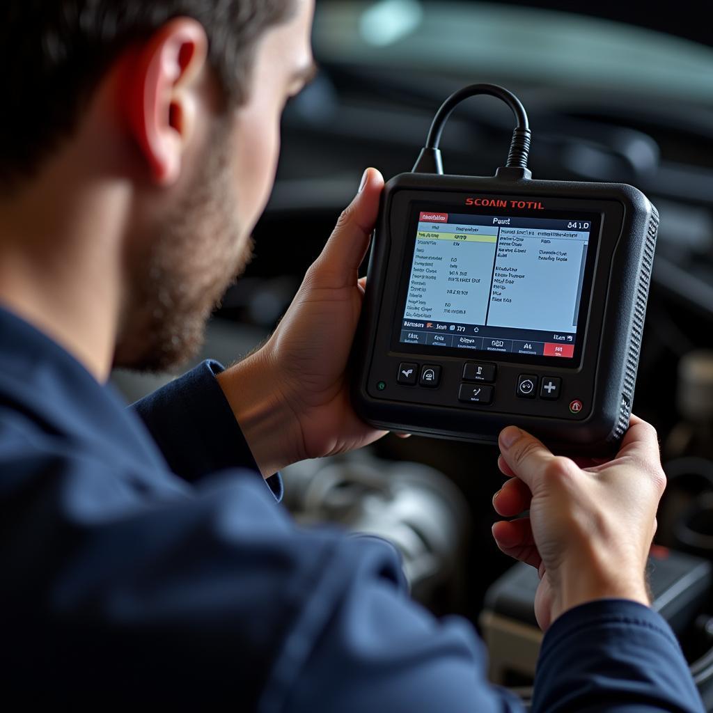 A mechanic holds a handheld automotive diagnostic scan tool, displaying diagnostic information.