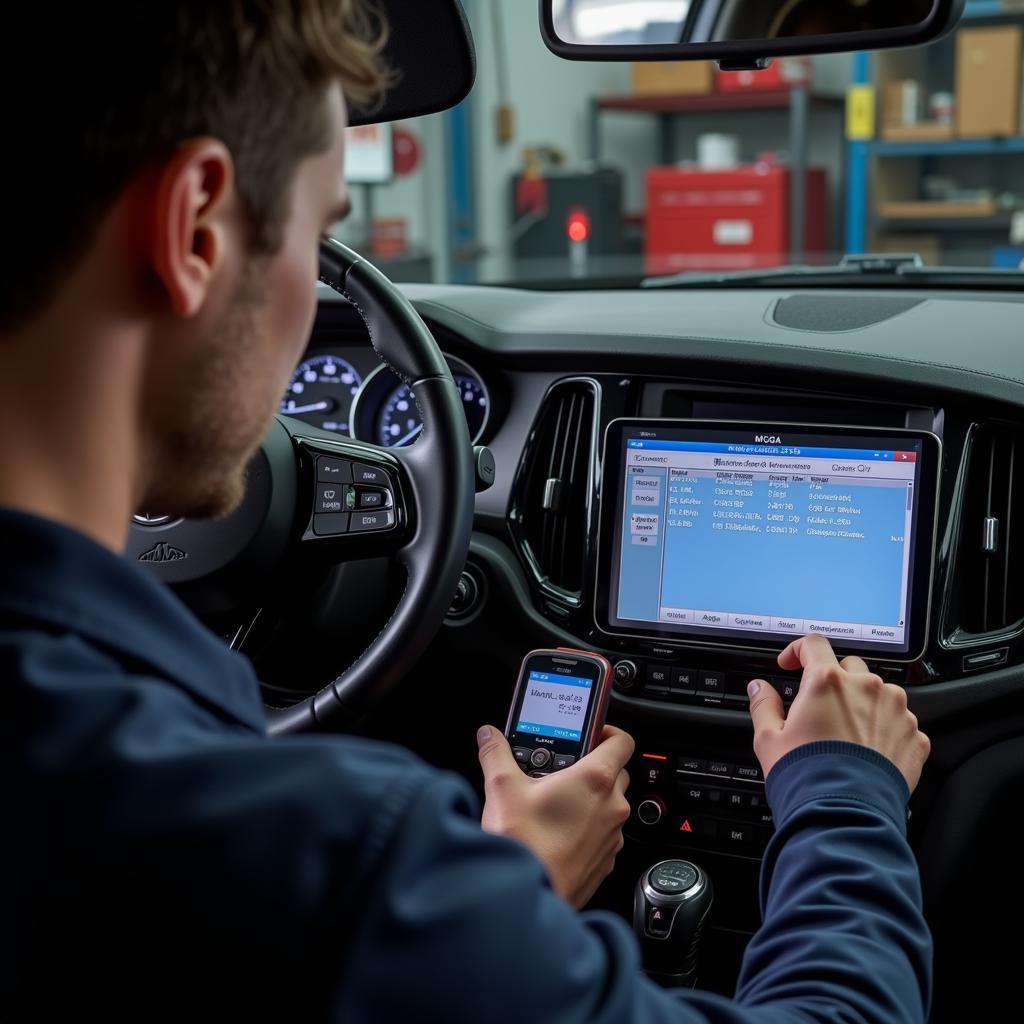 A mechanic interprets the data on the MGA diagnostic tool's screen.