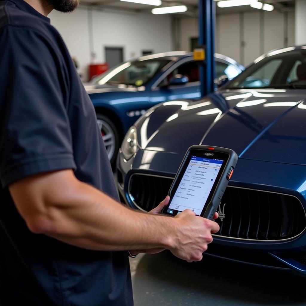 Mechanic using Foxwell NT624 Elite on a Maserati