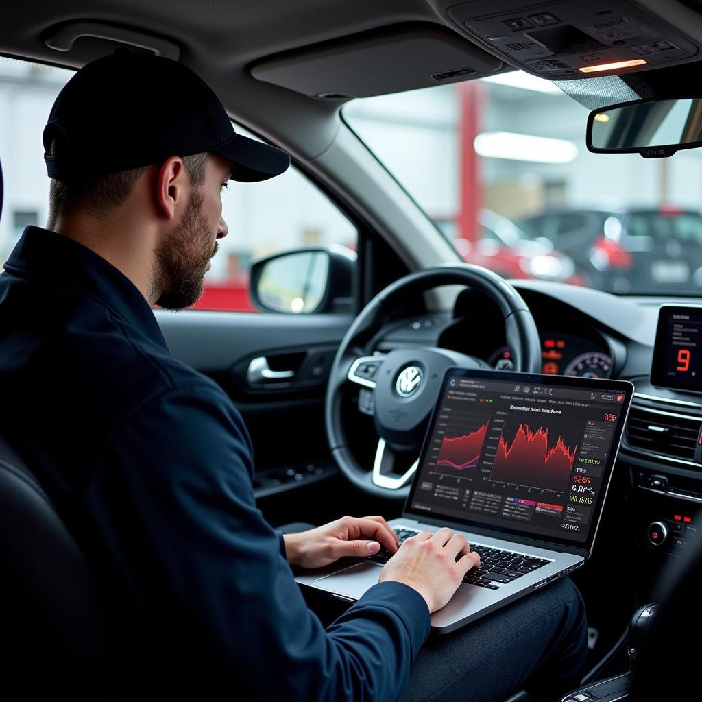 Mechanic reviewing data from a 365 diagnostic tool on a laptop