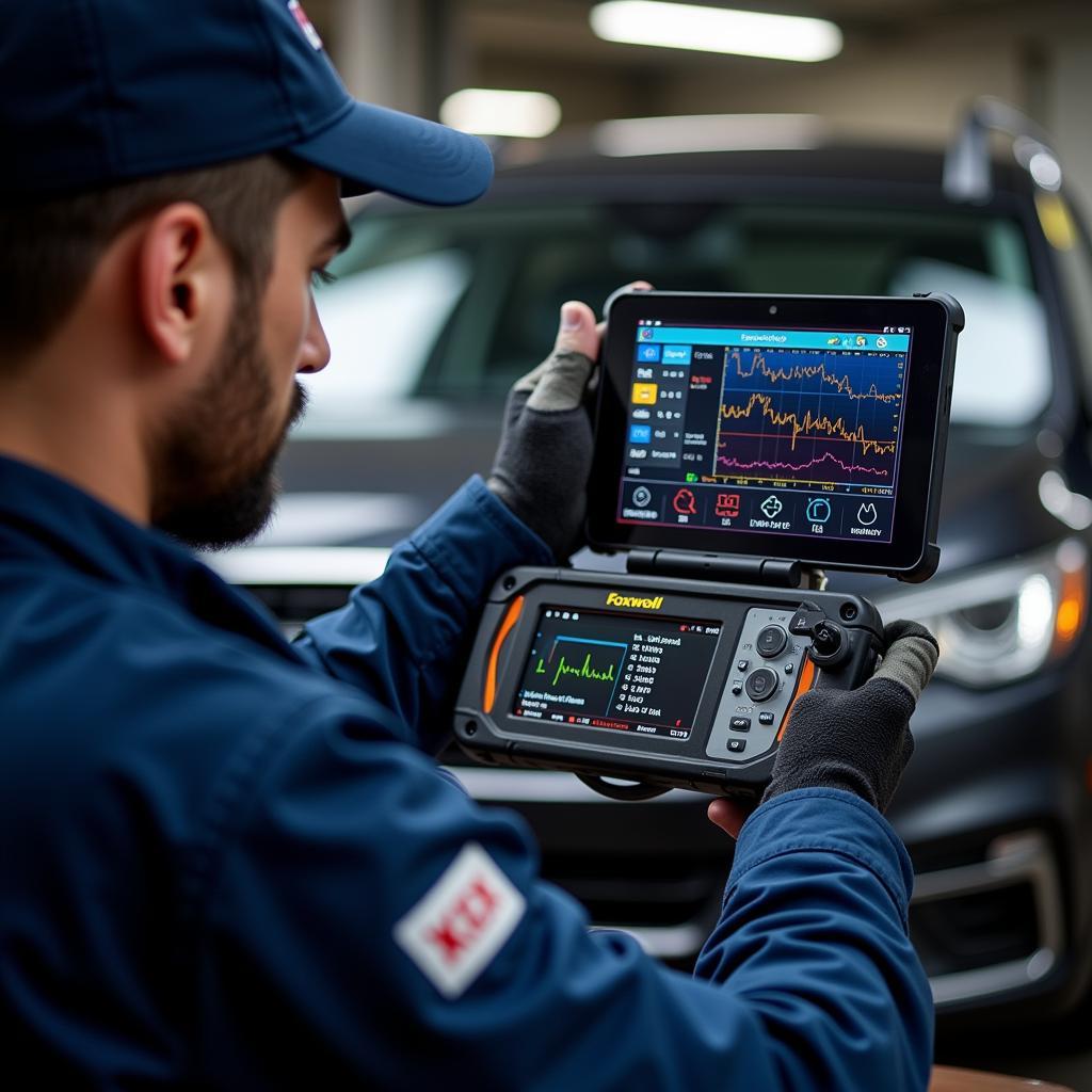 Mechanic reviewing diagnostic data on the Foxwell NT716