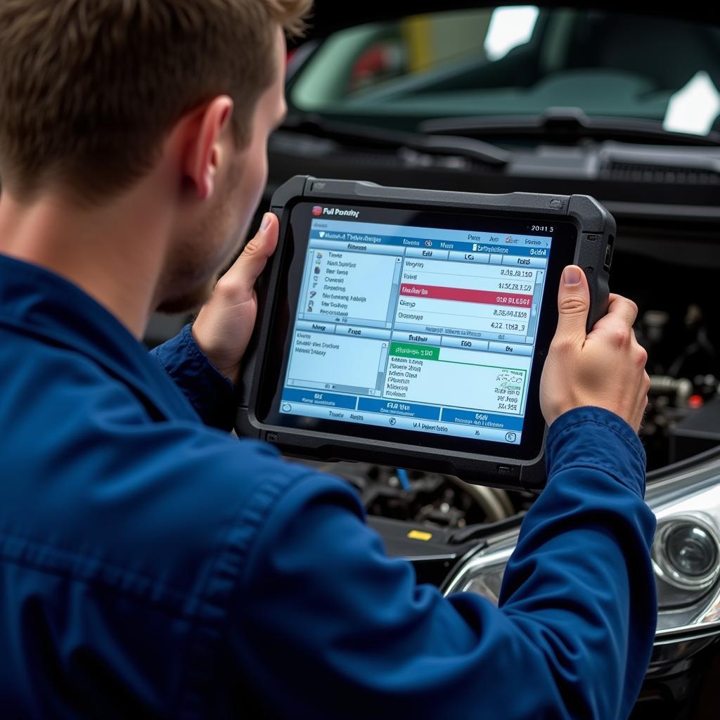 Mechanic reviewing diagnostic data on the tool's screen