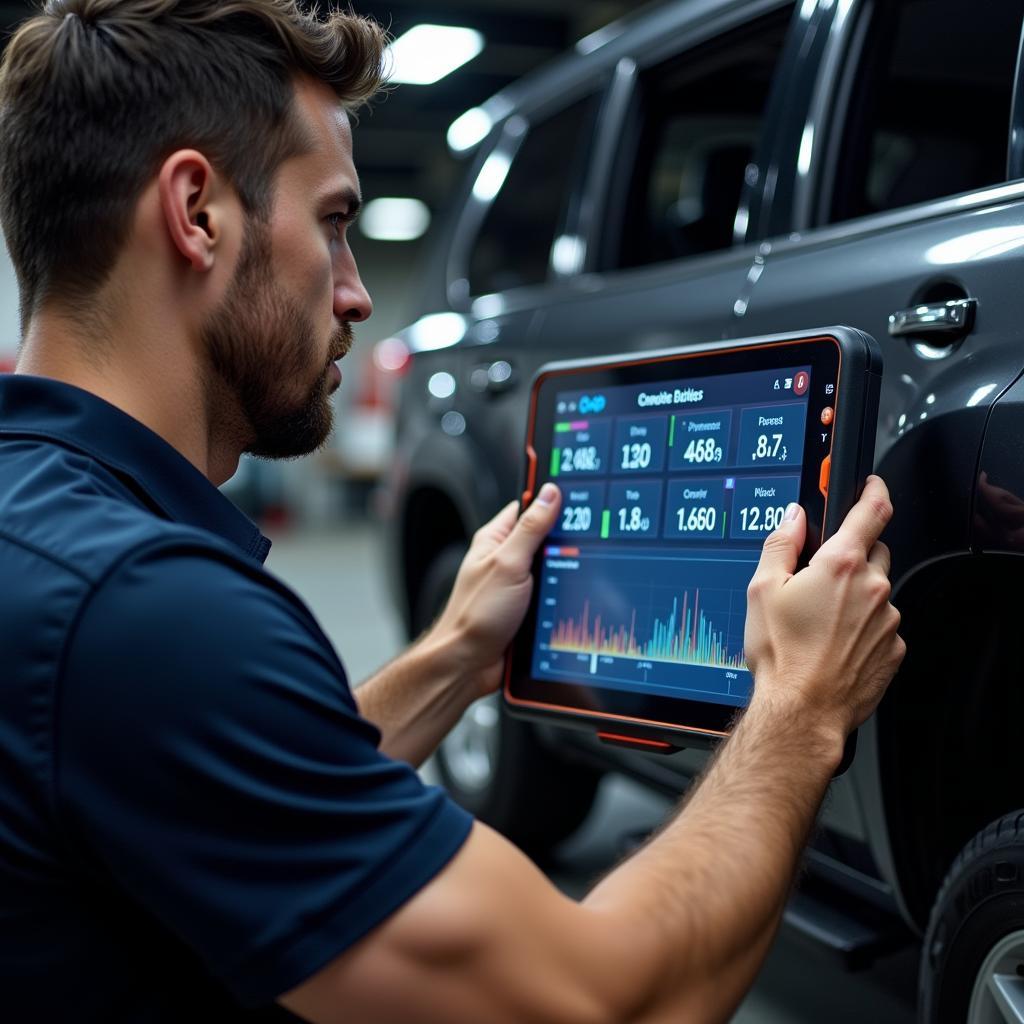 A mechanic using a QNAP tool to diagnose a vehicle issue.