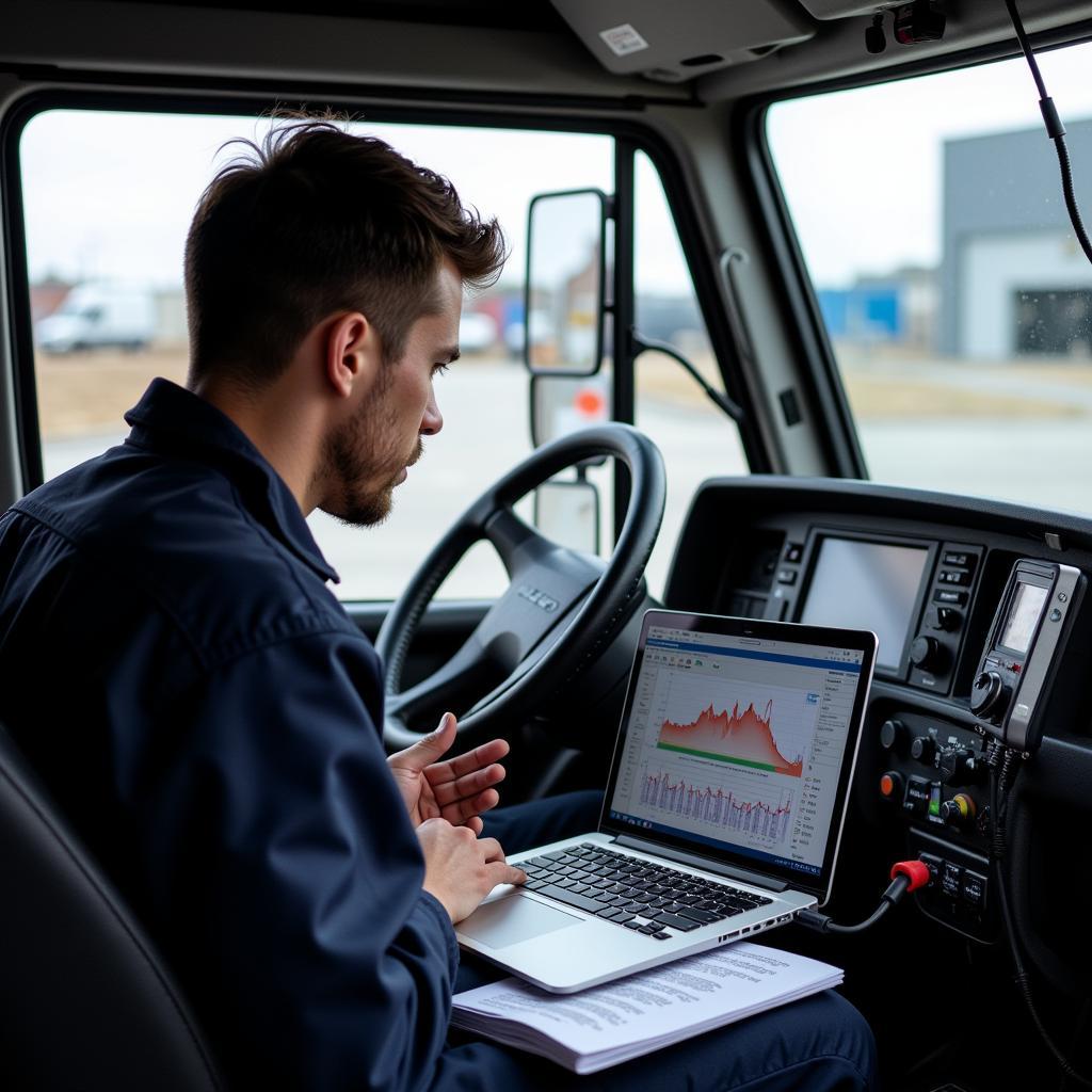 A mechanic analyzes data from a Mitsubishi Fuso diagnostic tool to pinpoint the source of a problem.