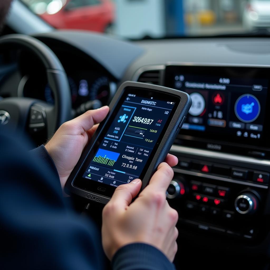 Mechanic analyzing data on a diagnostic tool connected to a Hyundai vehicle